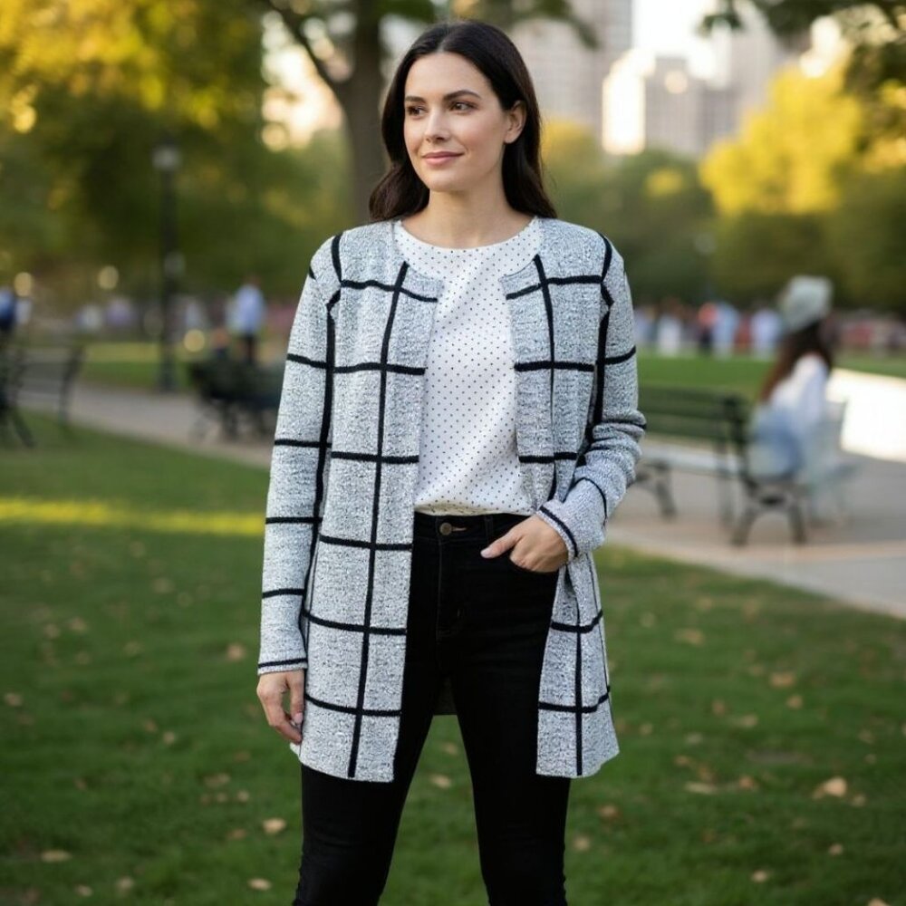 The Cue Cher Qu Windowpane Open Front Textured Knit Cardigan
